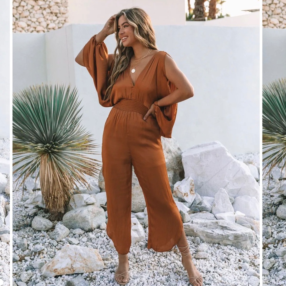 SAMORA SATIN COLD SHOULDER JUMPSUIT - BRONZE